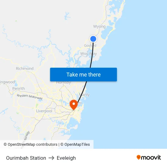 Ourimbah Station to Eveleigh map