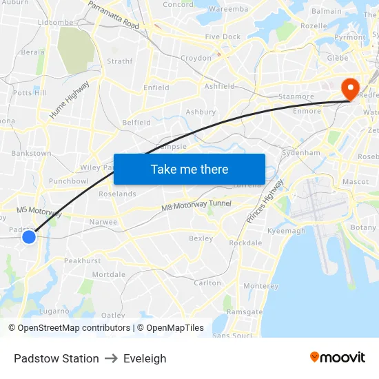 Padstow Station to Eveleigh map