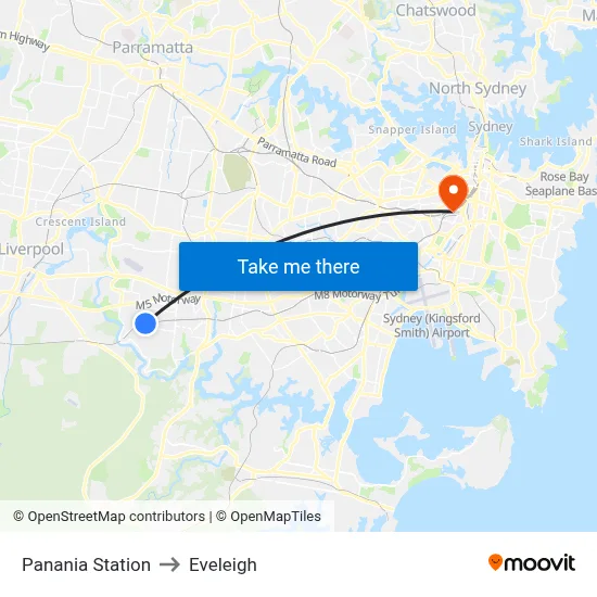 Panania Station to Eveleigh map