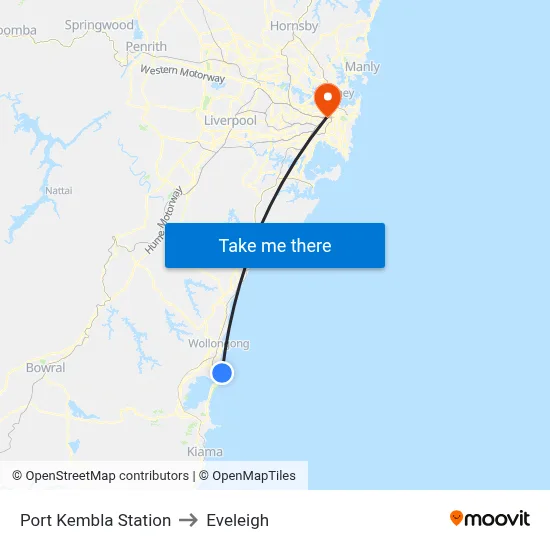 Port Kembla Station to Eveleigh map