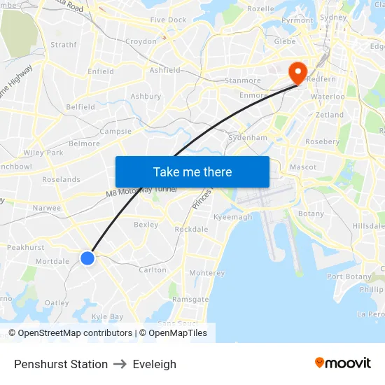 Penshurst Station to Eveleigh map