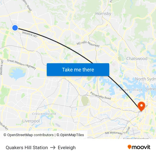 Quakers Hill Station to Eveleigh map
