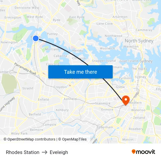 Rhodes Station to Eveleigh map