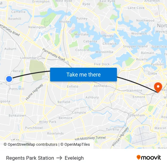 Regents Park Station to Eveleigh map