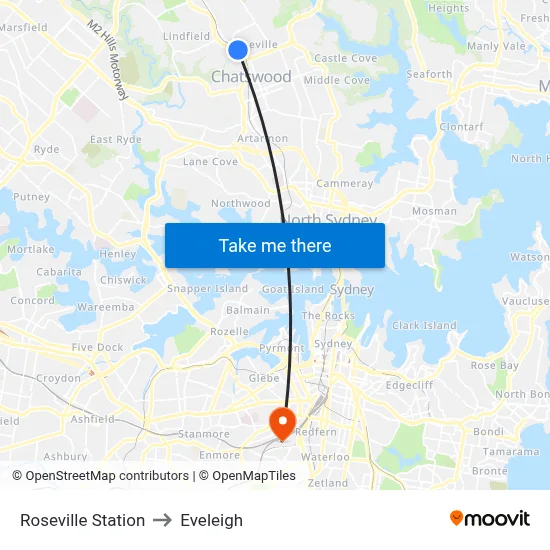 Roseville Station to Eveleigh map