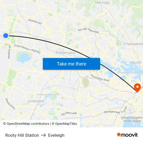 Rooty Hill Station to Eveleigh map