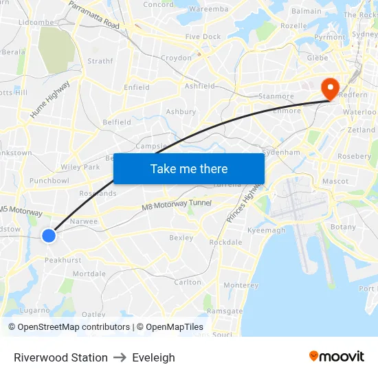 Riverwood Station to Eveleigh map