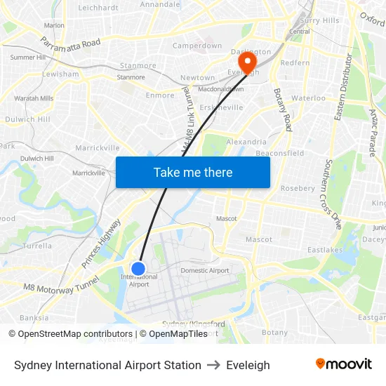 Sydney International Airport Station to Eveleigh map