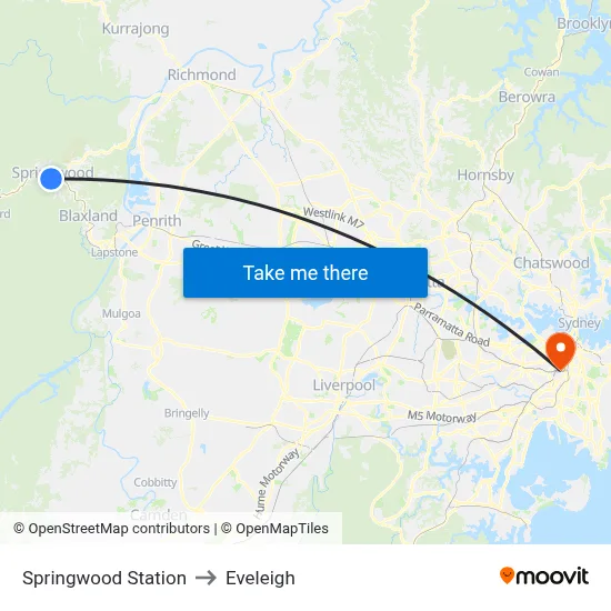 Springwood Station to Eveleigh map