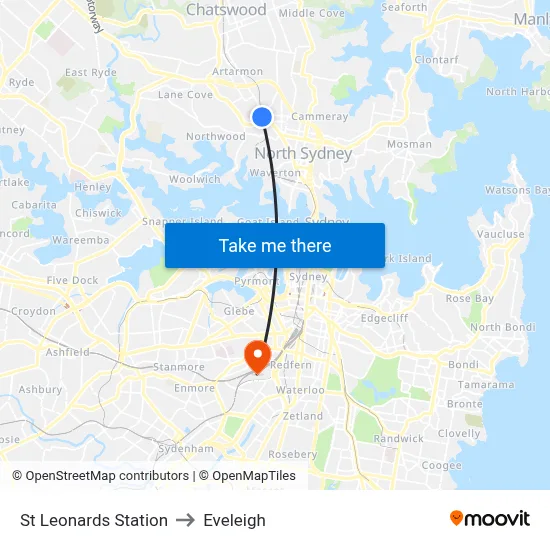 St Leonards Station to Eveleigh map
