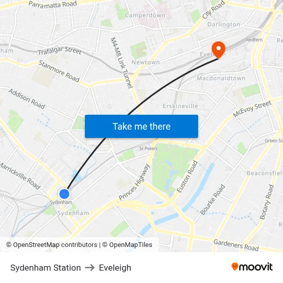 Sydenham Station to Eveleigh map