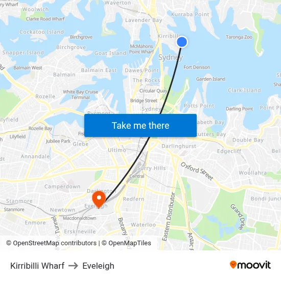 Kirribilli Wharf to Eveleigh map
