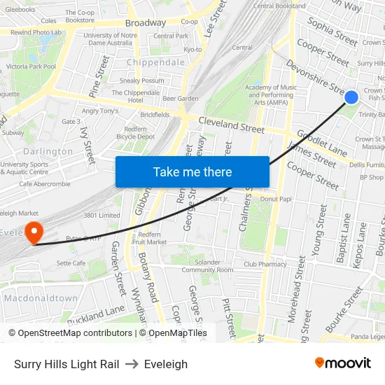Surry Hills Light Rail to Eveleigh map