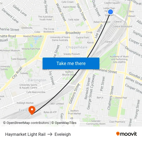 Haymarket Light Rail to Eveleigh map