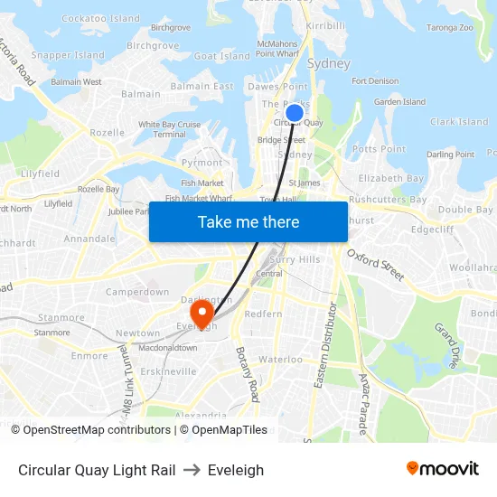 Circular Quay Light Rail to Eveleigh map