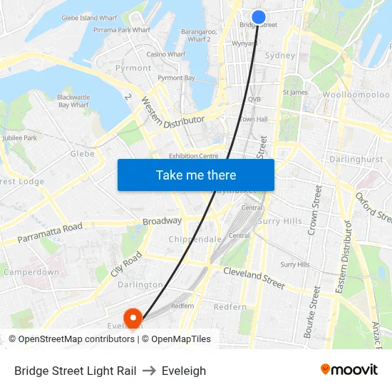 Bridge Street Light Rail to Eveleigh map