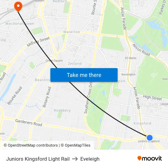 Juniors Kingsford Light Rail to Eveleigh map