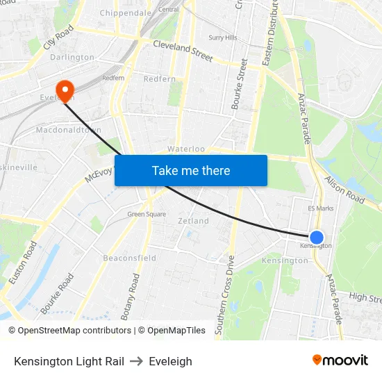 Kensington Light Rail to Eveleigh map