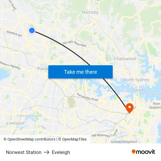 Norwest Station to Eveleigh map