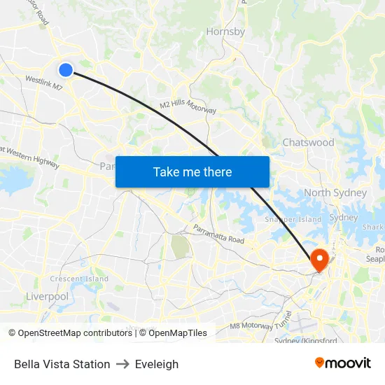 Bella Vista Station to Eveleigh map