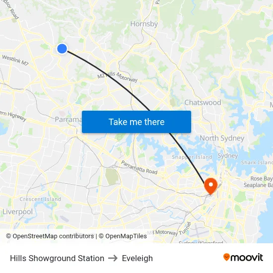 Hills Showground Station to Eveleigh map