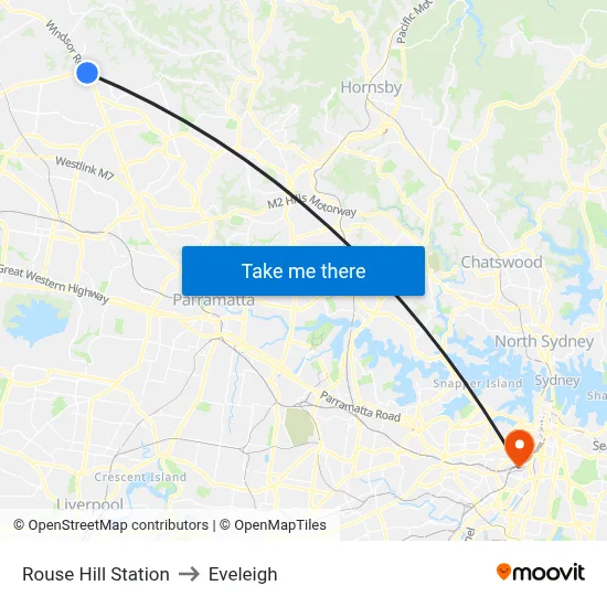 Rouse Hill Station to Eveleigh map