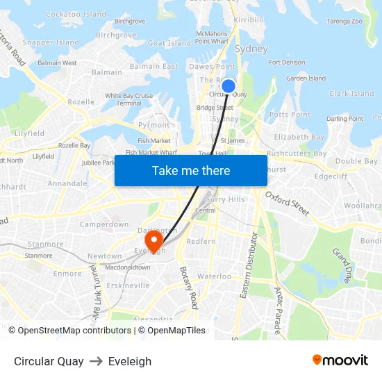 Circular Quay to Eveleigh map