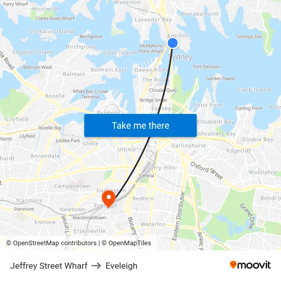 Jeffrey Street Wharf to Eveleigh map