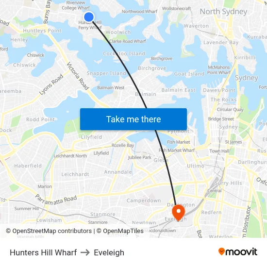 Hunters Hill Wharf to Eveleigh map