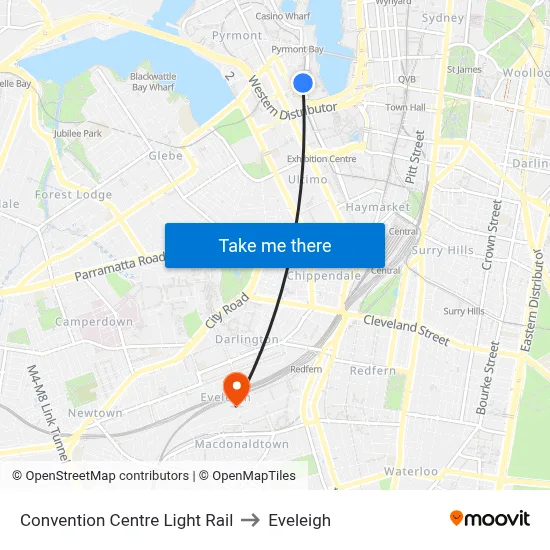 Convention Centre Light Rail to Eveleigh map