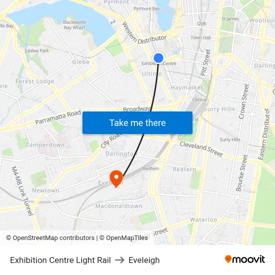 Exhibition Centre Light Rail to Eveleigh map