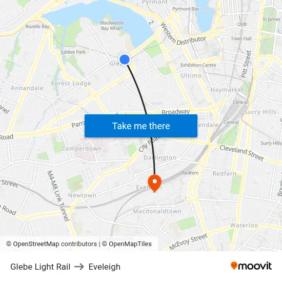 Glebe Light Rail to Eveleigh map