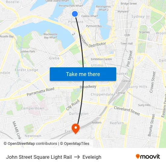 John Street Square Light Rail to Eveleigh map