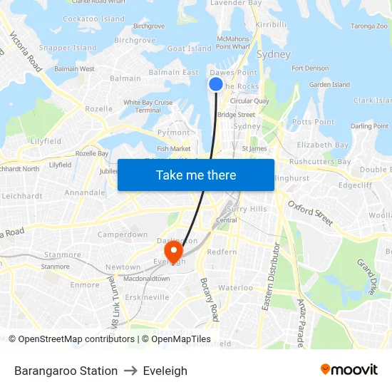 Barangaroo Station to Eveleigh map