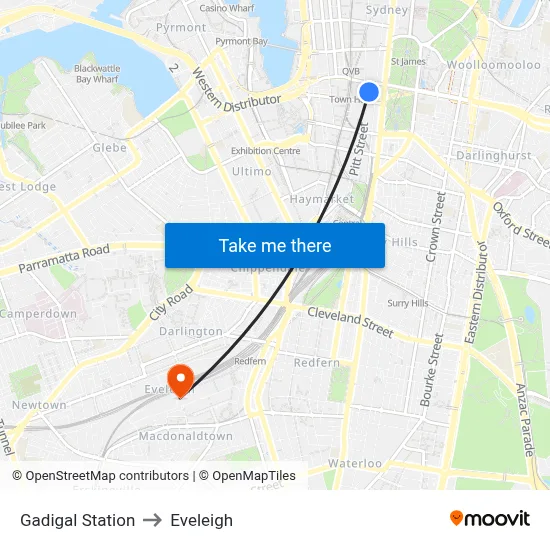 Gadigal Station to Eveleigh map
