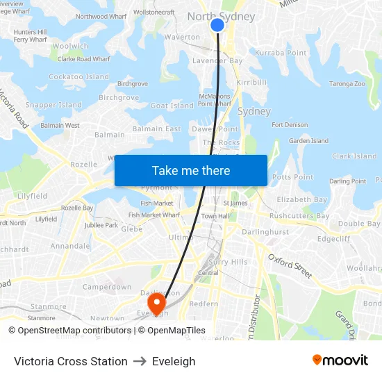 Victoria Cross Station to Eveleigh map