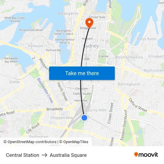 Central Station to Australia Square map
