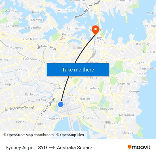 Sydney Airport SYD to Australia Square map