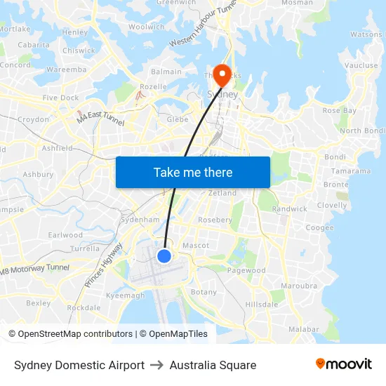 Sydney Domestic Airport to Australia Square map