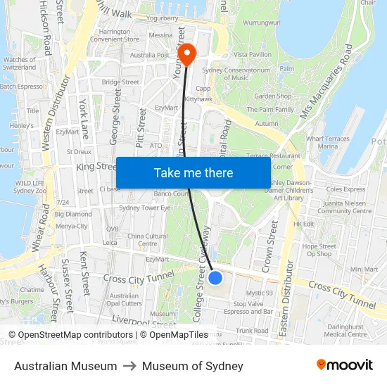 Australian Museum to Museum of Sydney map