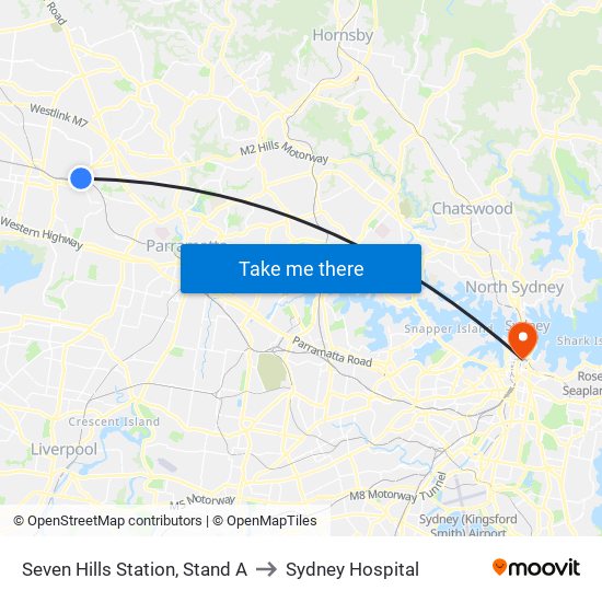 Seven Hills Station, Stand A to Sydney Hospital map