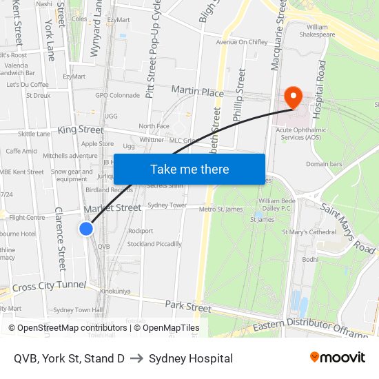 QVB, York St, Stand D to Sydney Hospital map