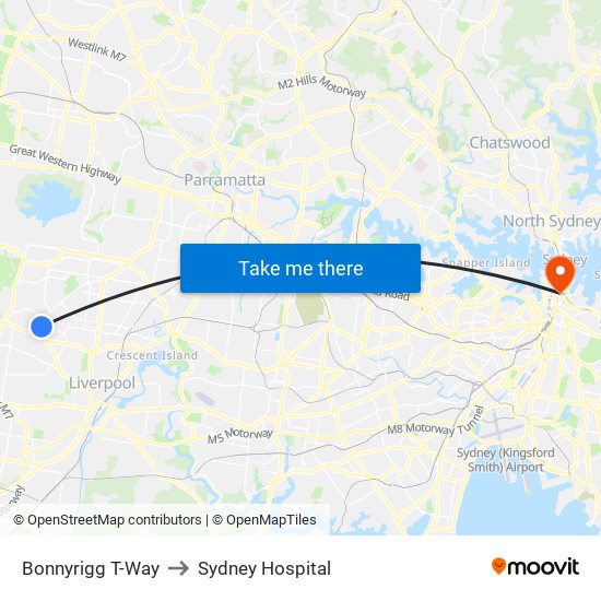 Bonnyrigg T-Way to Sydney Hospital map