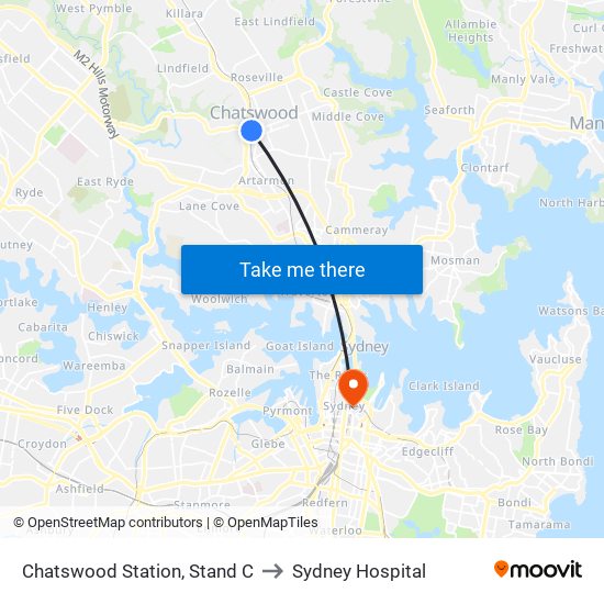 Chatswood Station, Stand C to Sydney Hospital map