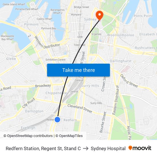 Redfern Station, Regent St, Stand C to Sydney Hospital map