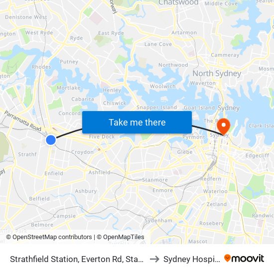Strathfield Station, Everton Rd, Stand B to Sydney Hospital map