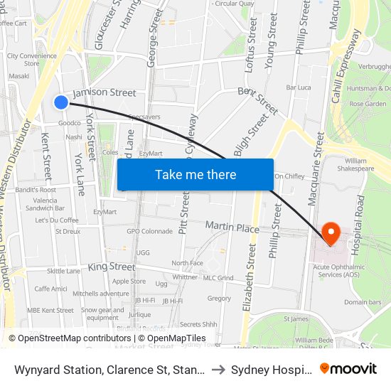 Wynyard Station, Clarence St, Stand Q to Sydney Hospital map