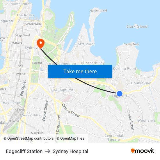 Edgecliff Station to Sydney Hospital map