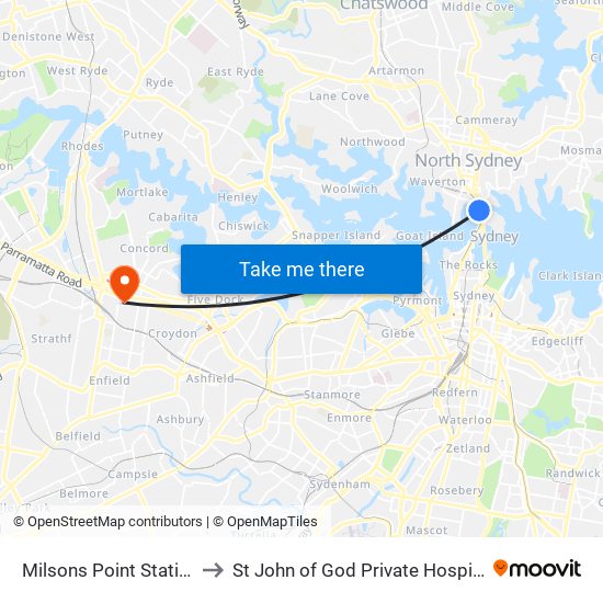 Milsons Point Station to St John of God Private Hospital map