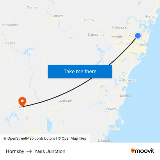 Hornsby to Yass Junction map